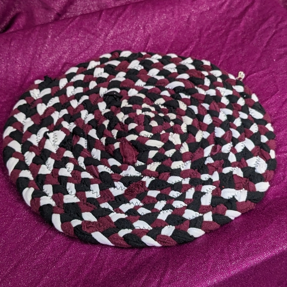 Upcycled fabric trivet hot pad- dark red, white, and black - Picture 1 of 1